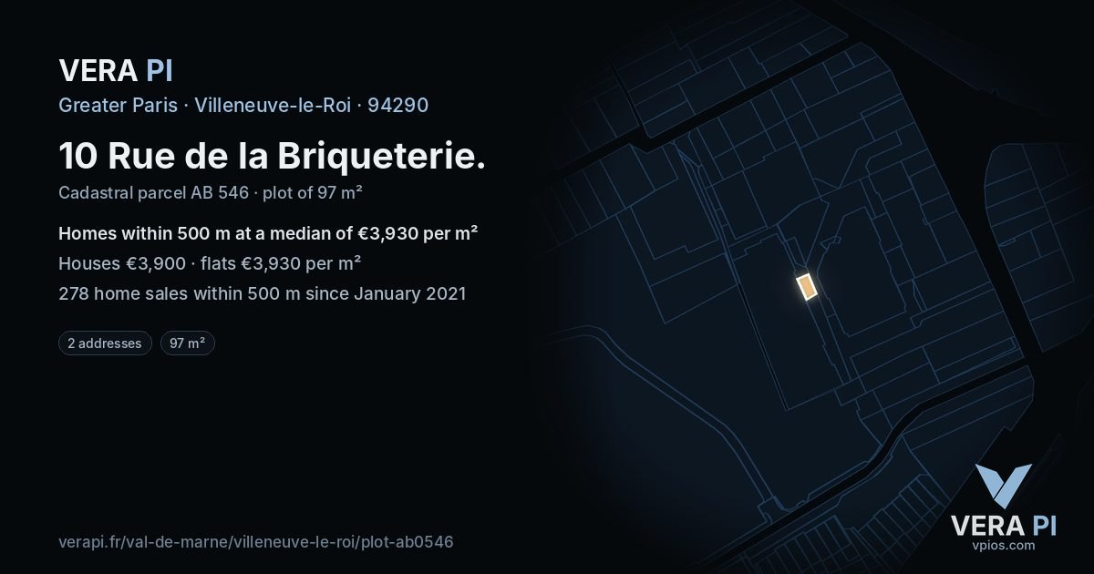 10 Rue de la Briqueterie, Villeneuve-le-Roi at night – the plot lit, the parcels around coloured by the prices near them