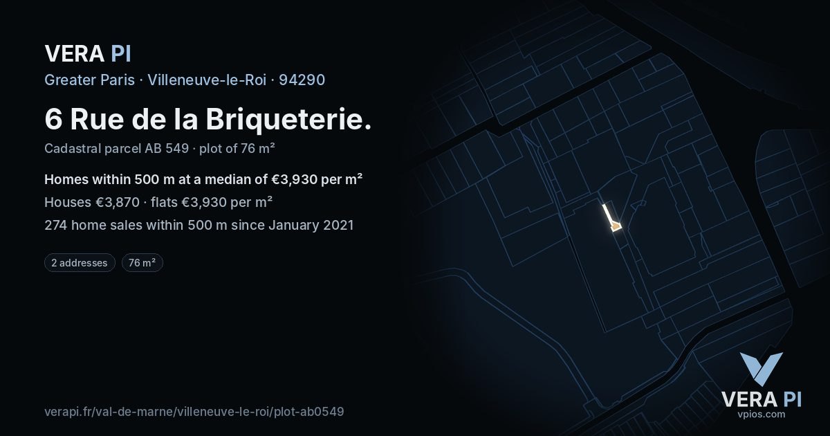 6 Rue de la Briqueterie, Villeneuve-le-Roi at night – the plot lit, the parcels around coloured by the prices near them
