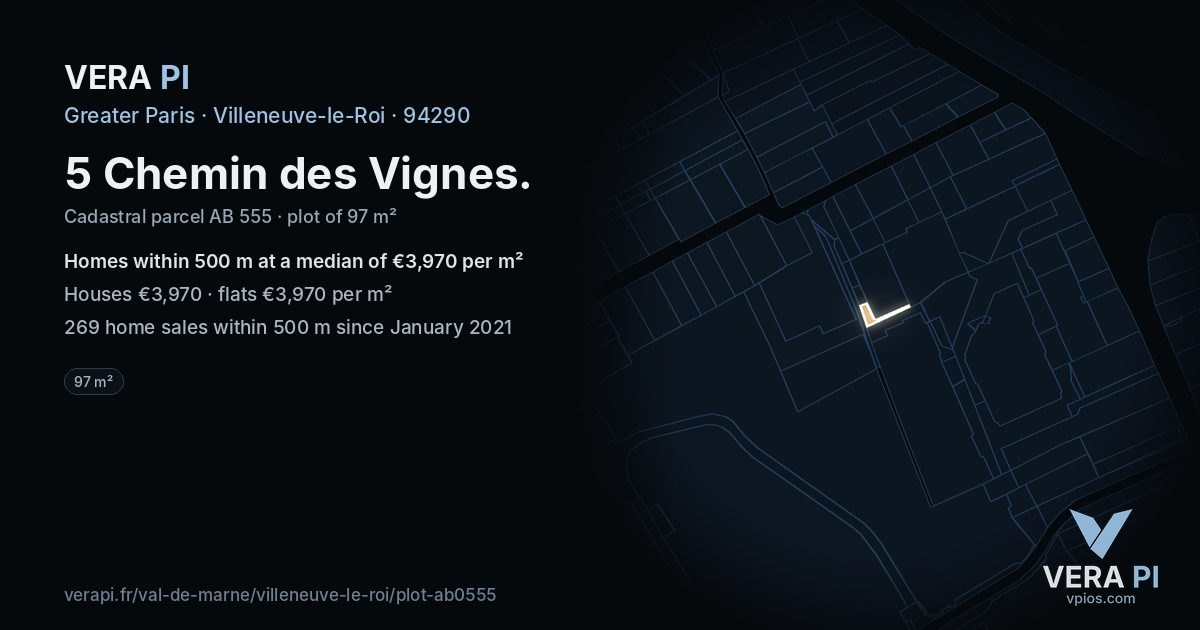 5 Chemin des Vignes, Villeneuve-le-Roi at night – the plot lit, the parcels around coloured by the prices near them