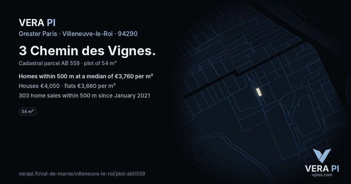 3 Chemin des Vignes, Villeneuve-le-Roi at night – the plot lit, the parcels around coloured by the prices near them