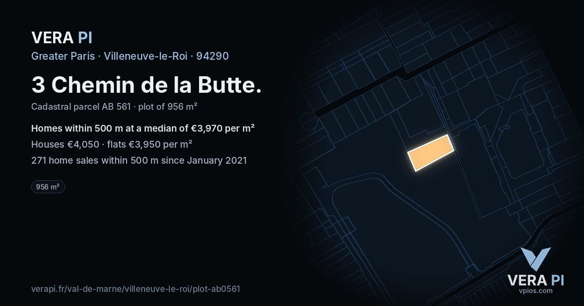 3 Chemin de la Butte, Villeneuve-le-Roi at night – the plot lit, the parcels around coloured by the prices near them
