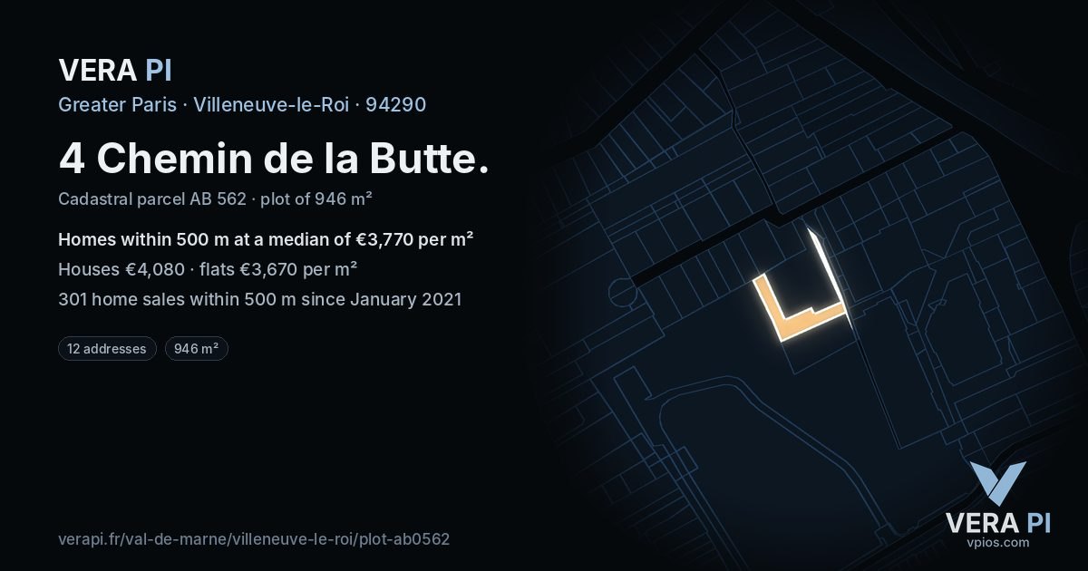 4 Chemin de la Butte, Villeneuve-le-Roi at night – the plot lit, the parcels around coloured by the prices near them