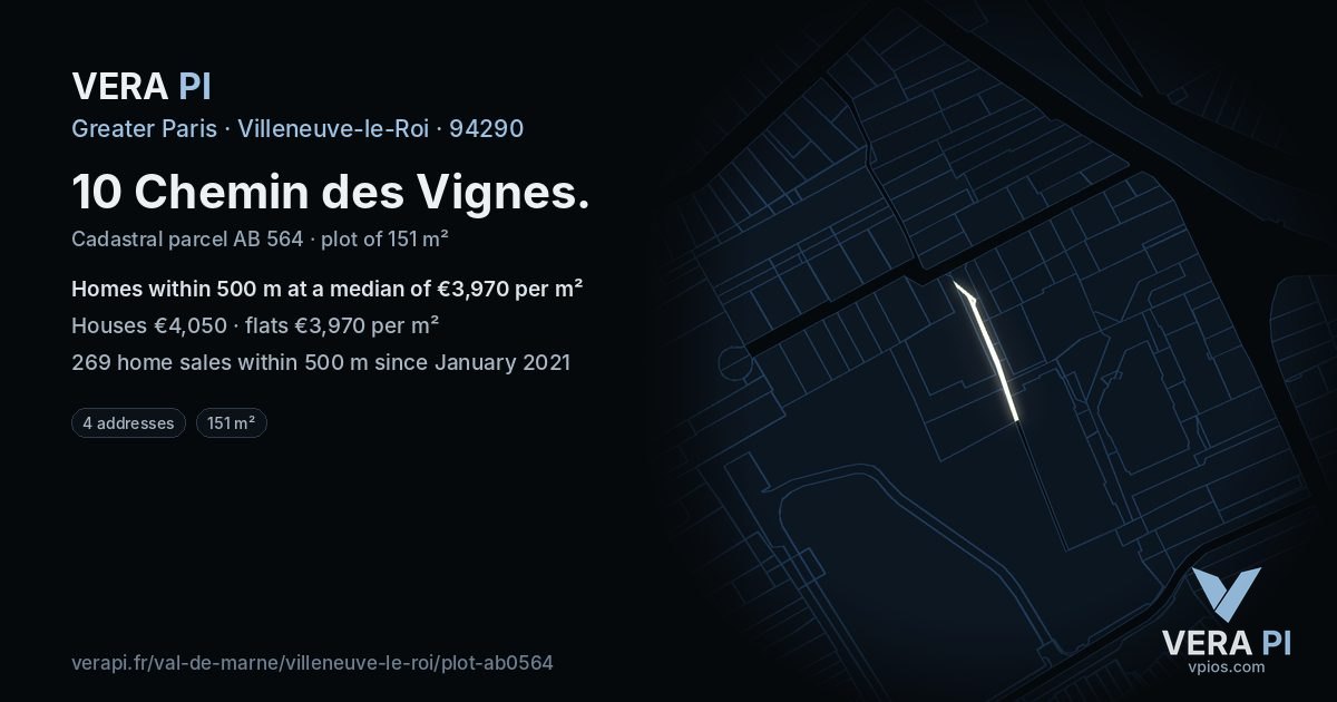 10 Chemin des Vignes, Villeneuve-le-Roi at night – the plot lit, the parcels around coloured by the prices near them