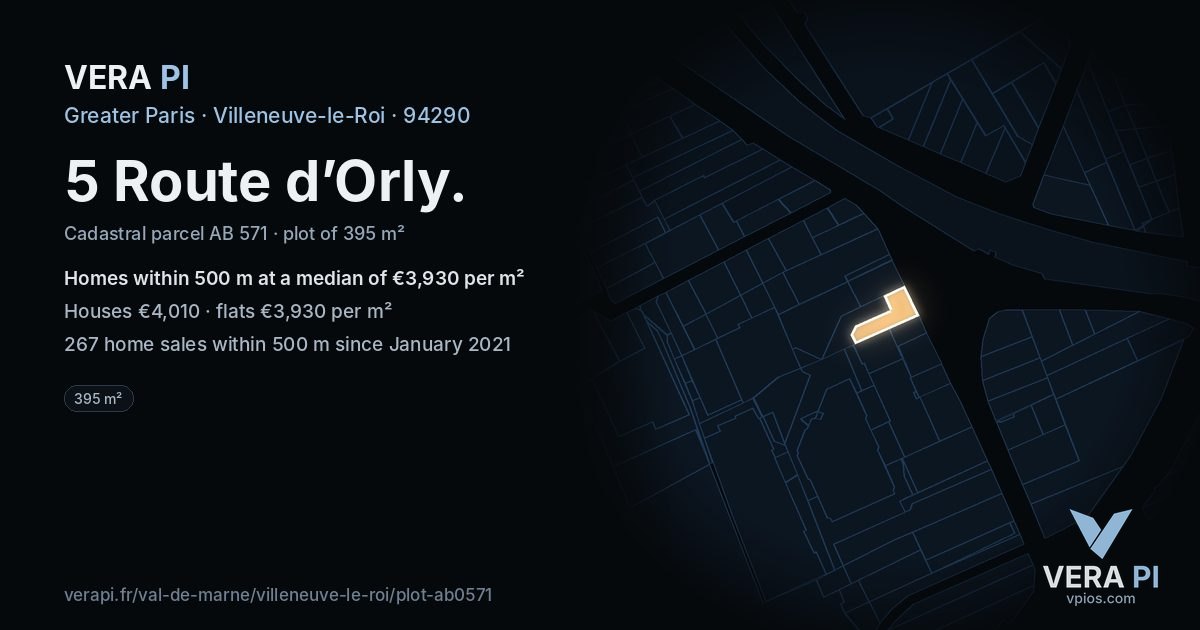 5 Route d’Orly, Villeneuve-le-Roi at night – the plot lit, the parcels around coloured by the prices near them