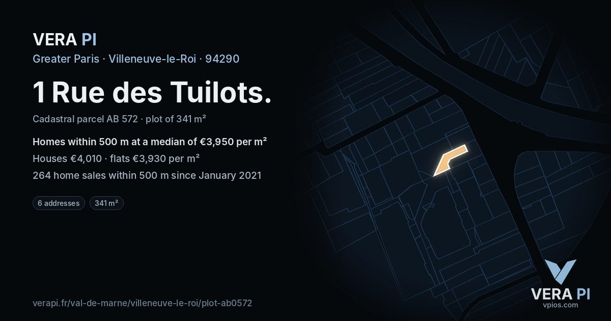 1 Rue des Tuilots, Villeneuve-le-Roi at night – the plot lit, the parcels around coloured by the prices near them