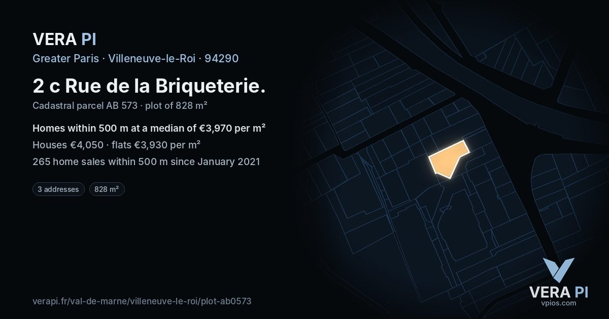 2 c Rue de la Briqueterie, Villeneuve-le-Roi at night – the plot lit, the parcels around coloured by the prices near them