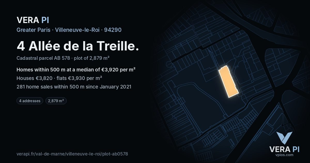 4 Allée de la Treille, Villeneuve-le-Roi at night – the plot lit, the parcels around coloured by the prices near them