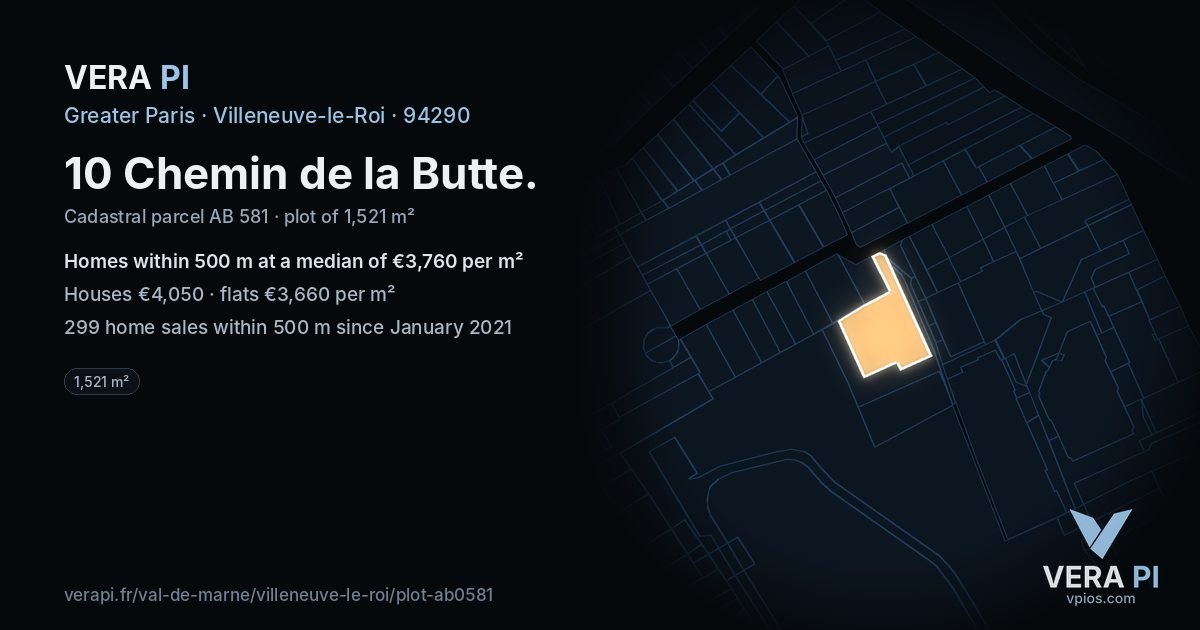 10 Chemin de la Butte, Villeneuve-le-Roi at night – the plot lit, the parcels around coloured by the prices near them