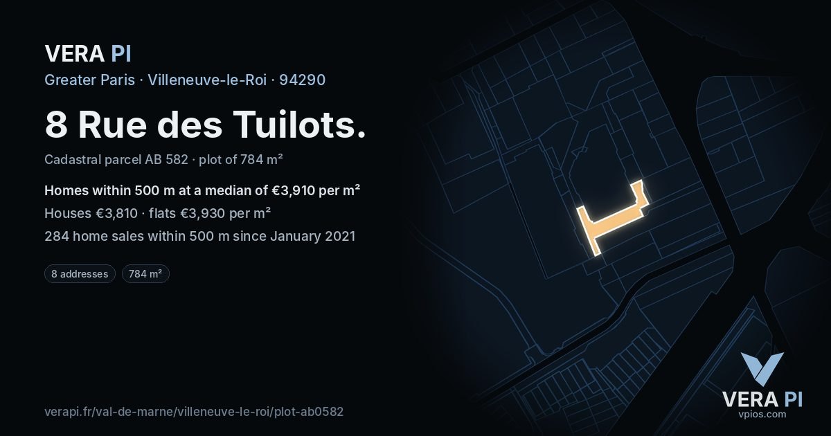 8 Rue des Tuilots, Villeneuve-le-Roi at night – the plot lit, the parcels around coloured by the prices near them