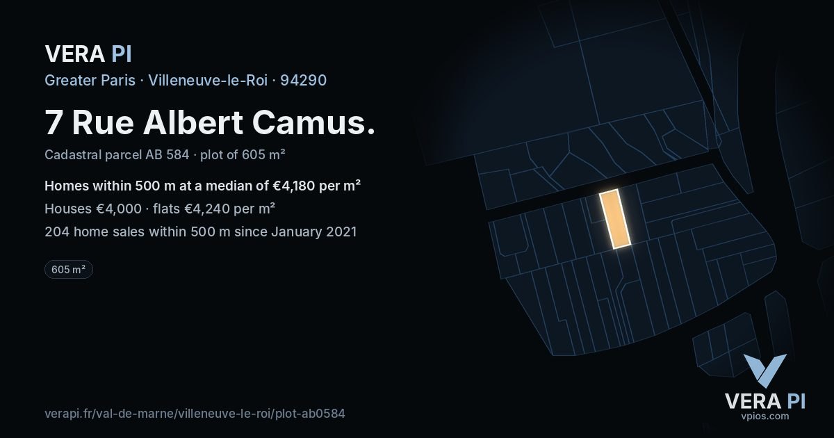 7 Rue Albert Camus, Villeneuve-le-Roi at night – the plot lit, the parcels around coloured by the prices near them