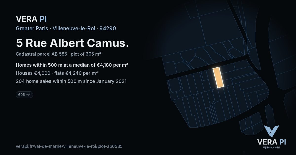 5 Rue Albert Camus, Villeneuve-le-Roi at night – the plot lit, the parcels around coloured by the prices near them
