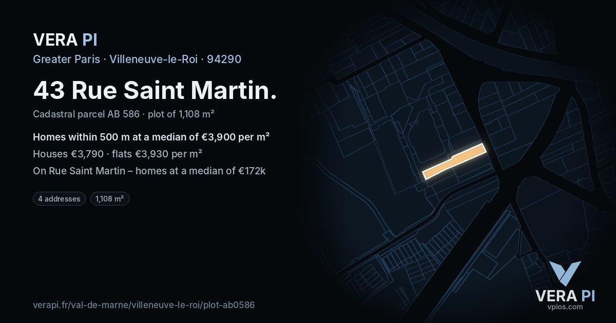 43 Rue Saint Martin, Villeneuve-le-Roi at night – the plot lit, the parcels around coloured by the prices near them