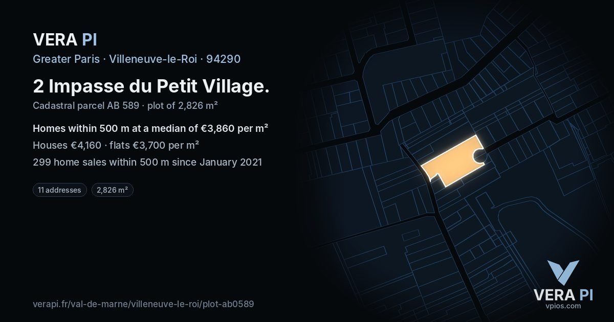 2 Impasse du Petit Village, Villeneuve-le-Roi at night – the plot lit, the parcels around coloured by the prices near them