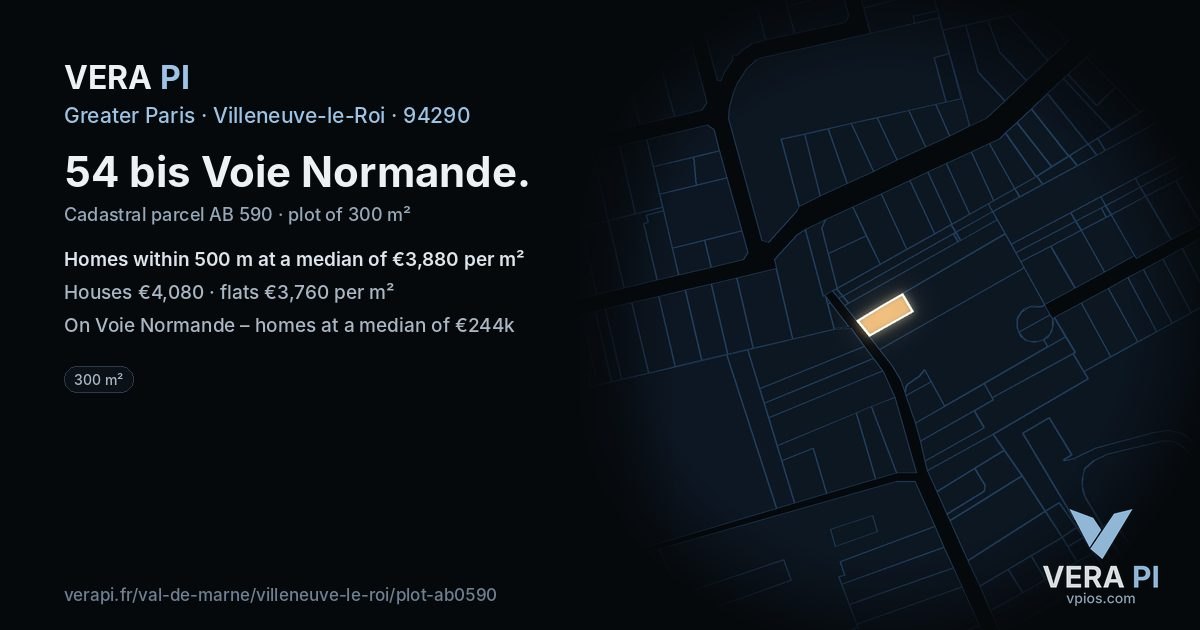 54 bis Voie Normande, Villeneuve-le-Roi at night – the plot lit, the parcels around coloured by the prices near them