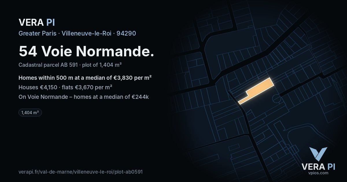54 Voie Normande, Villeneuve-le-Roi at night – the plot lit, the parcels around coloured by the prices near them