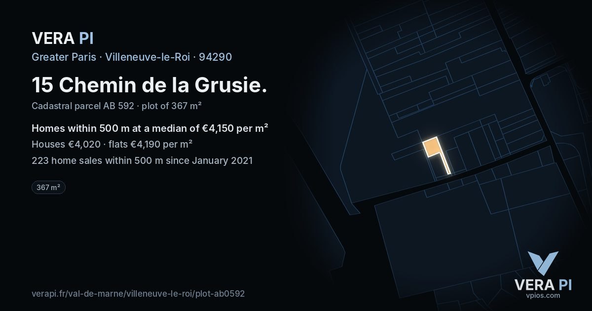 15 Chemin de la Grusie, Villeneuve-le-Roi at night – the plot lit, the parcels around coloured by the prices near them