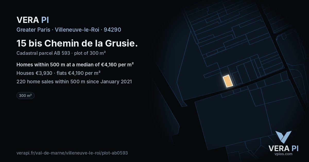 15 bis Chemin de la Grusie, Villeneuve-le-Roi at night – the plot lit, the parcels around coloured by the prices near them