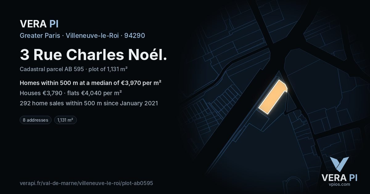 3 Rue Charles Noél, Villeneuve-le-Roi at night – the plot lit, the parcels around coloured by the prices near them