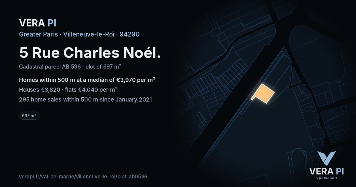 5 Rue Charles Noél, Villeneuve-le-Roi at night – the plot lit, the parcels around coloured by the prices near them