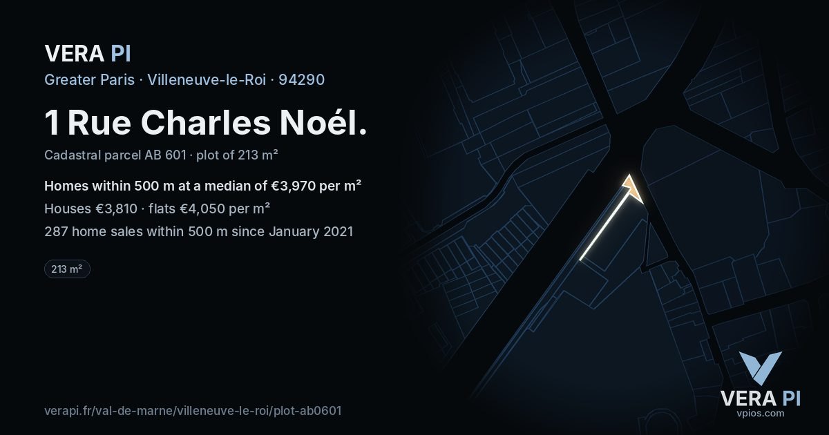 1 Rue Charles Noél, Villeneuve-le-Roi at night – the plot lit, the parcels around coloured by the prices near them