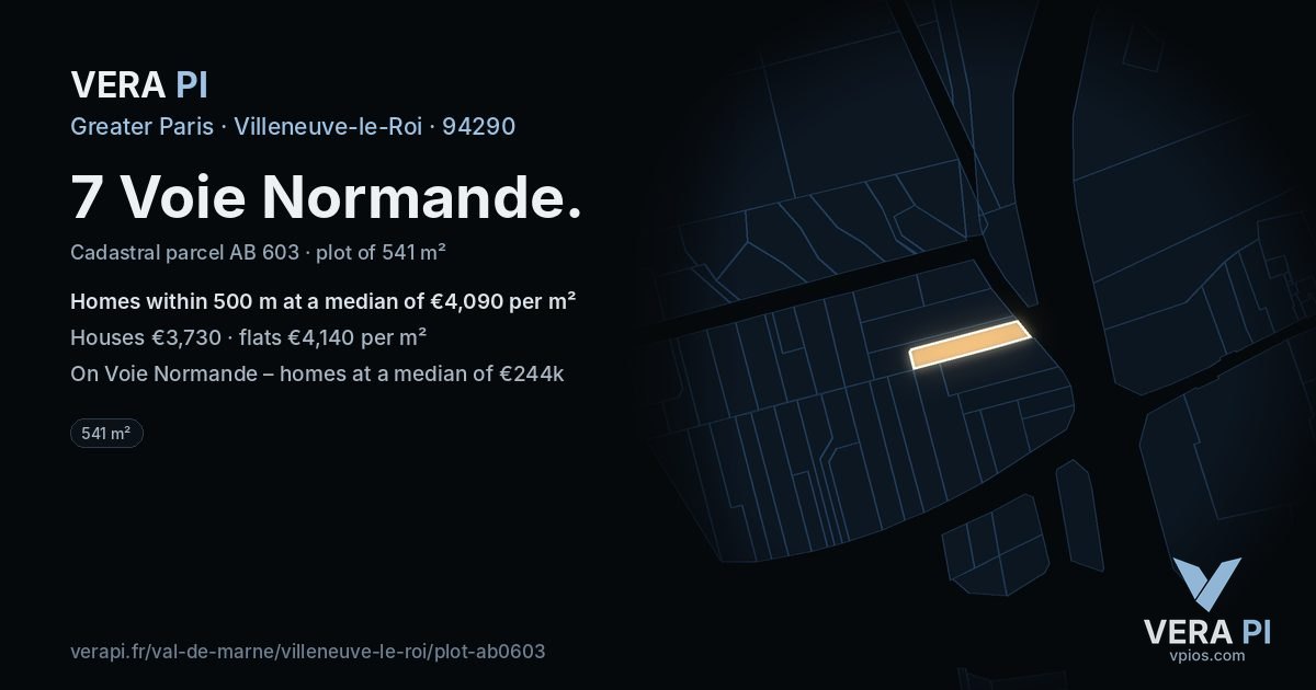 7 Voie Normande, Villeneuve-le-Roi at night – the plot lit, the parcels around coloured by the prices near them