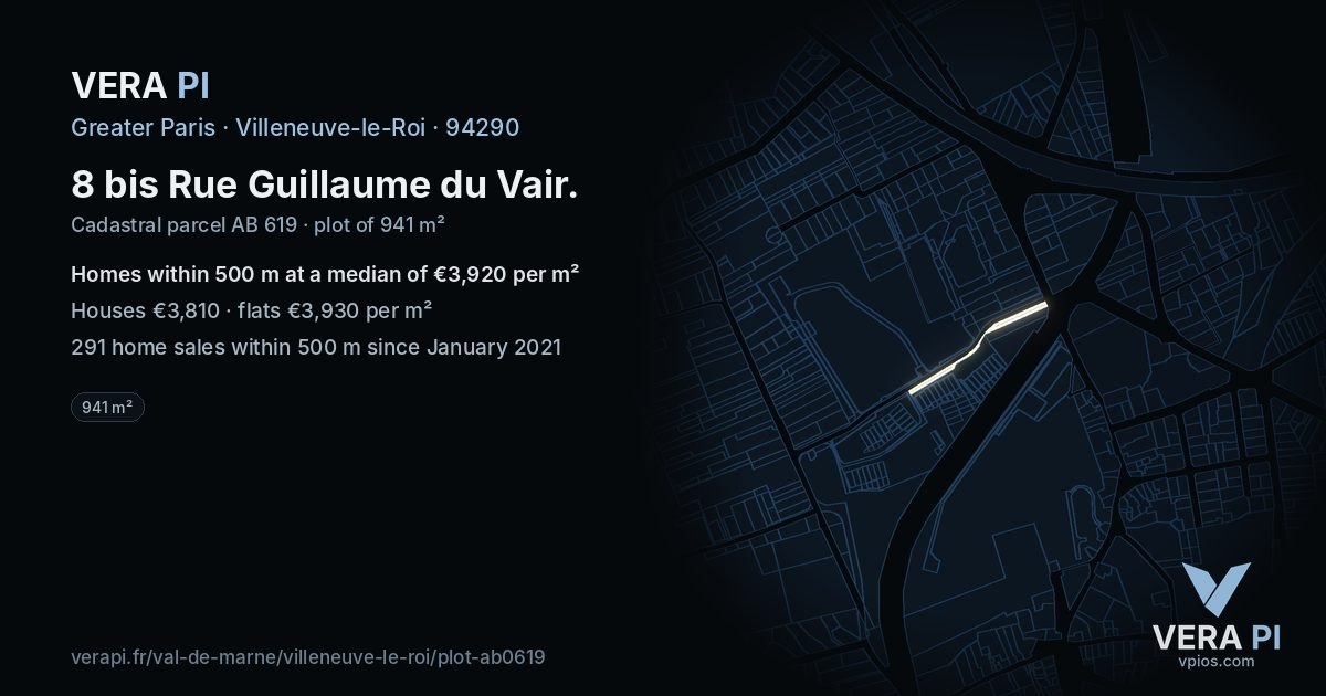8 bis Rue Guillaume du Vair, Villeneuve-le-Roi at night – the plot lit, the parcels around coloured by the prices near them