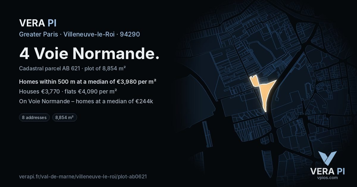4 Voie Normande, Villeneuve-le-Roi at night – the plot lit, the parcels around coloured by the prices near them