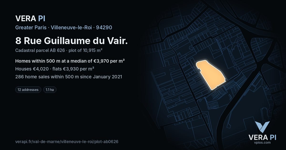 8 Rue Guillaume du Vair, Villeneuve-le-Roi at night – the plot lit, the parcels around coloured by the prices near them