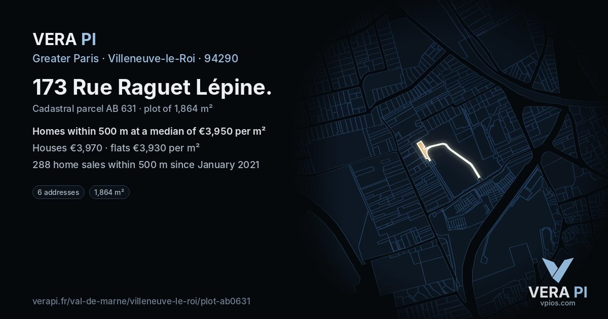 173 Rue Raguet Lépine, Villeneuve-le-Roi at night – the plot lit, the parcels around coloured by the prices near them