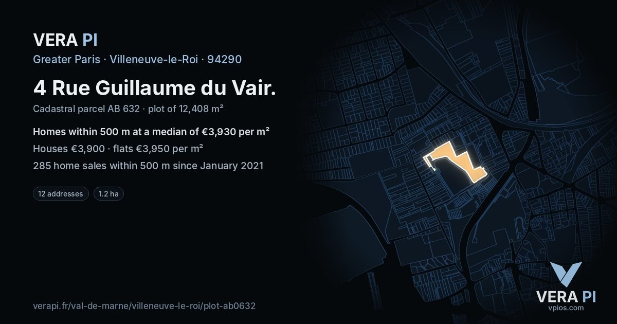 4 Rue Guillaume du Vair, Villeneuve-le-Roi at night – the plot lit, the parcels around coloured by the prices near them
