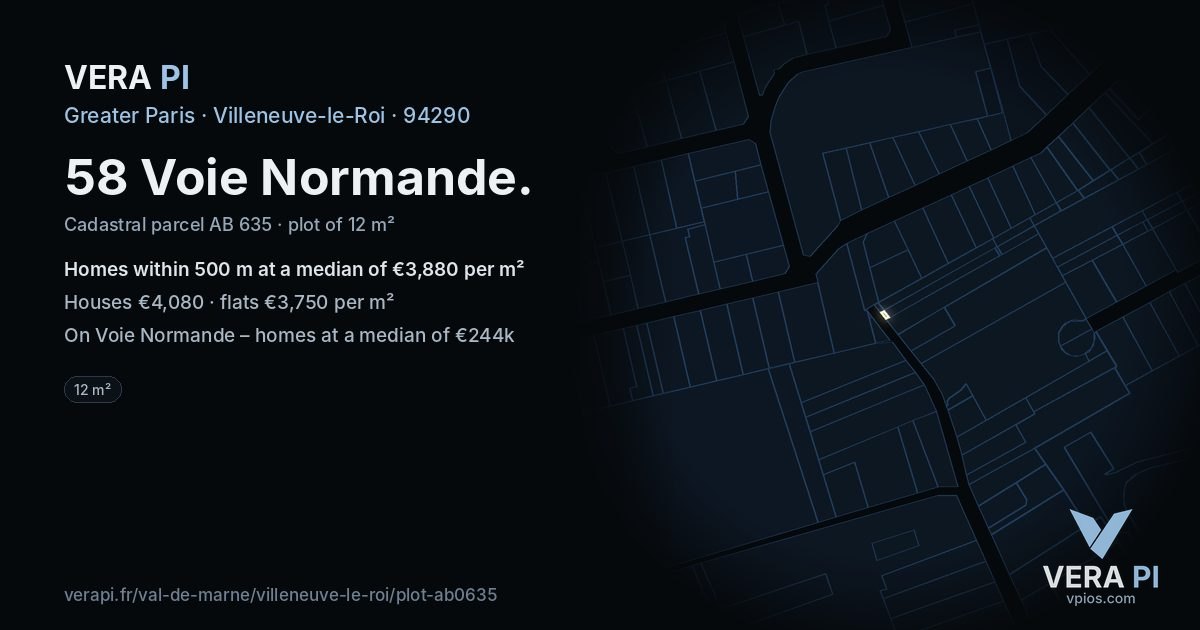 58 Voie Normande, Villeneuve-le-Roi at night – the plot lit, the parcels around coloured by the prices near them