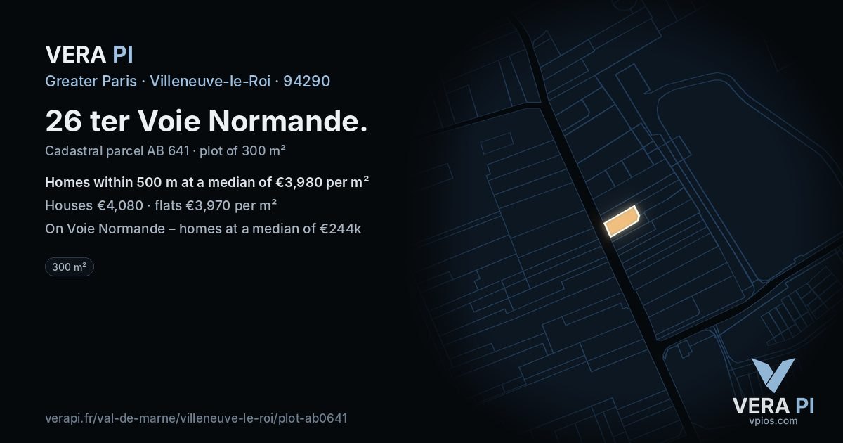 26 ter Voie Normande, Villeneuve-le-Roi at night – the plot lit, the parcels around coloured by the prices near them