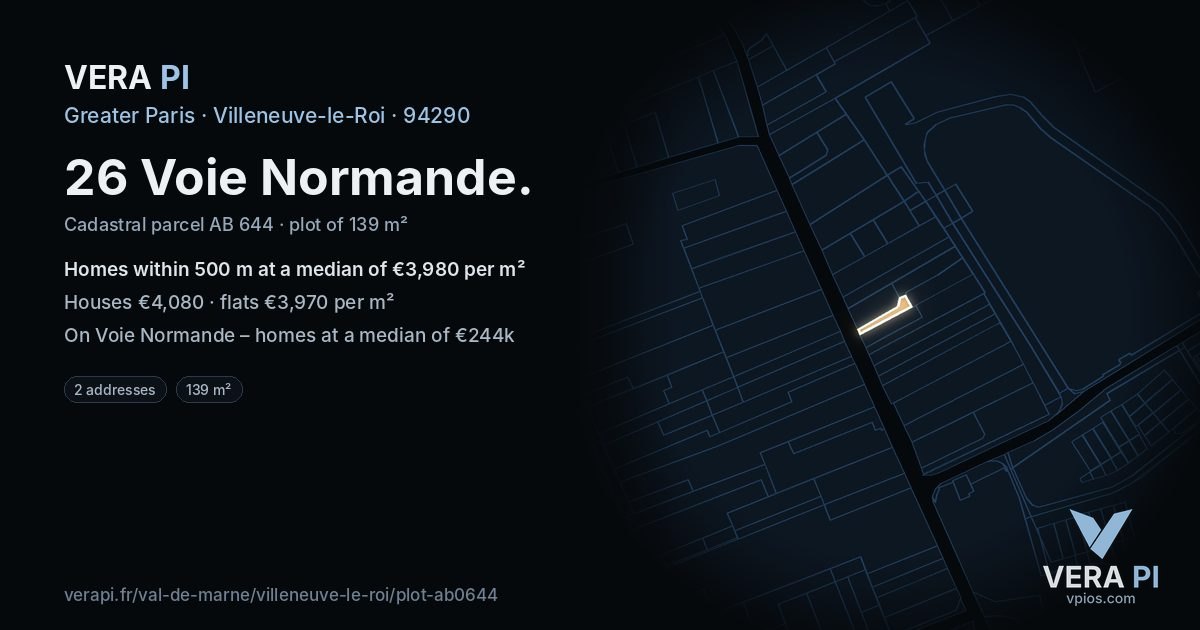 26 Voie Normande, Villeneuve-le-Roi at night – the plot lit, the parcels around coloured by the prices near them
