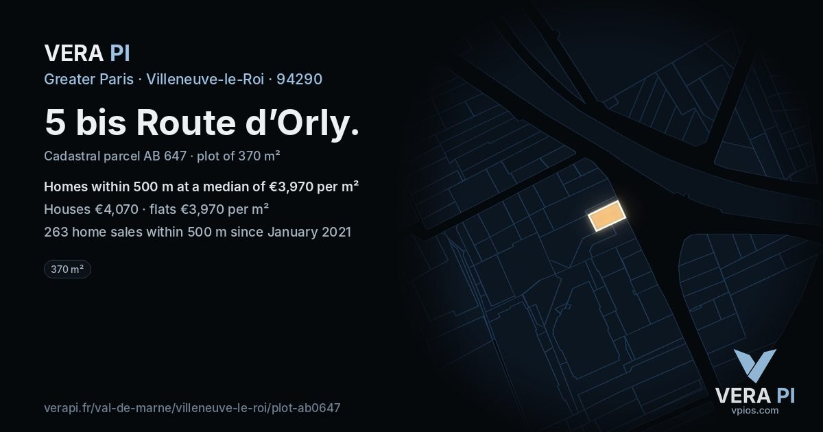 5 bis Route d’Orly, Villeneuve-le-Roi at night – the plot lit, the parcels around coloured by the prices near them