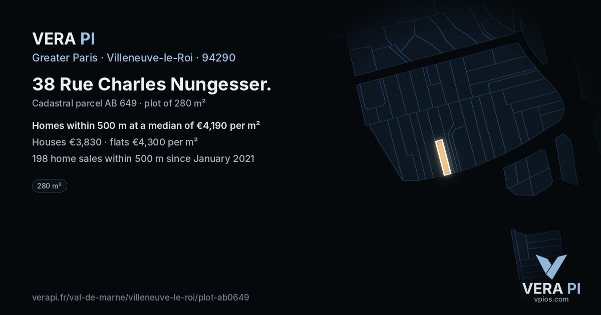 38 Rue Charles Nungesser, Villeneuve-le-Roi at night – the plot lit, the parcels around coloured by the prices near them