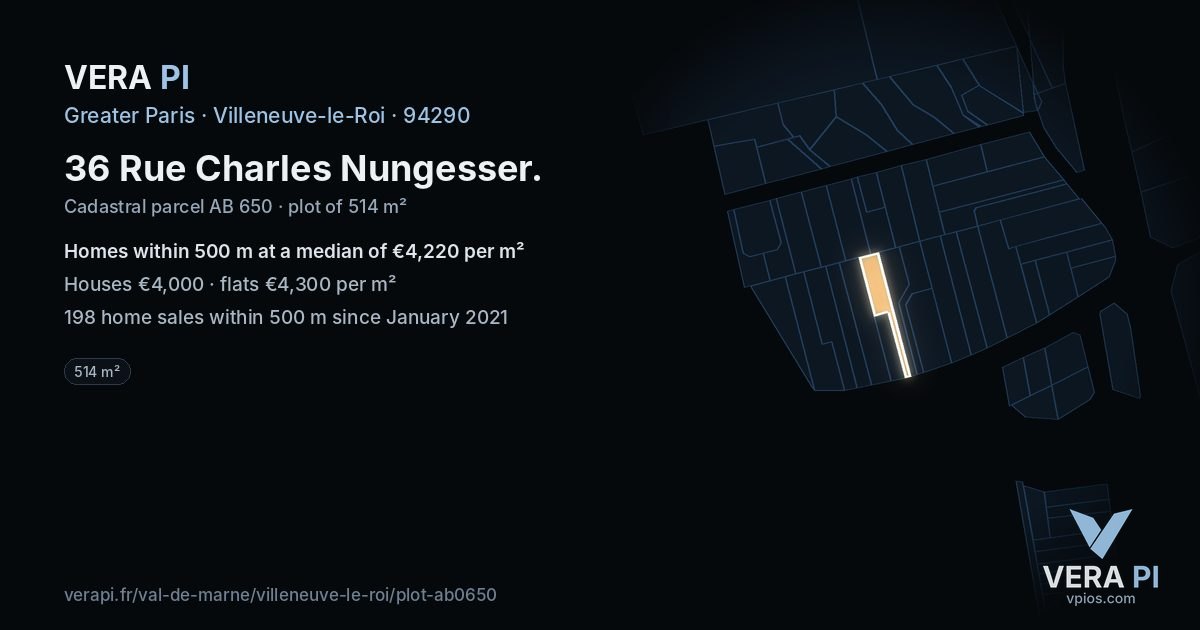36 Rue Charles Nungesser, Villeneuve-le-Roi at night – the plot lit, the parcels around coloured by the prices near them
