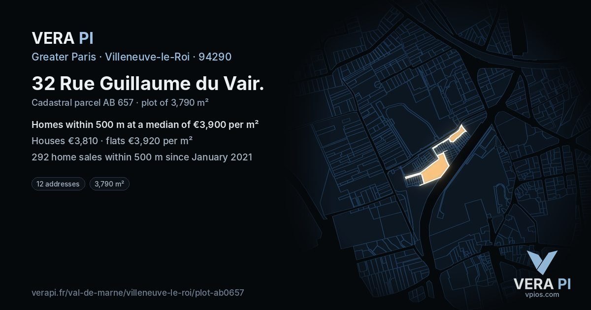 32 Rue Guillaume du Vair, Villeneuve-le-Roi at night – the plot lit, the parcels around coloured by the prices near them