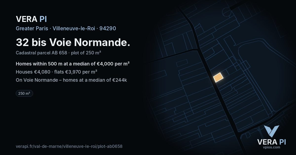 32 bis Voie Normande, Villeneuve-le-Roi at night – the plot lit, the parcels around coloured by the prices near them