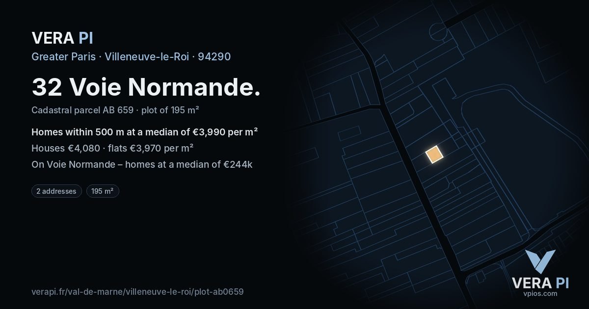 32 Voie Normande, Villeneuve-le-Roi at night – the plot lit, the parcels around coloured by the prices near them