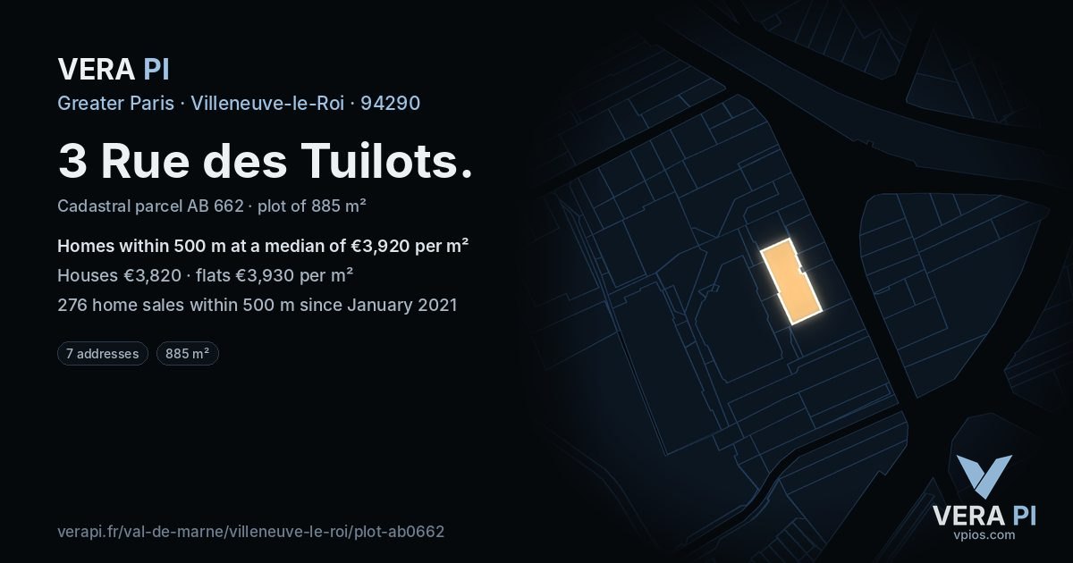 3 Rue des Tuilots, Villeneuve-le-Roi at night – the plot lit, the parcels around coloured by the prices near them