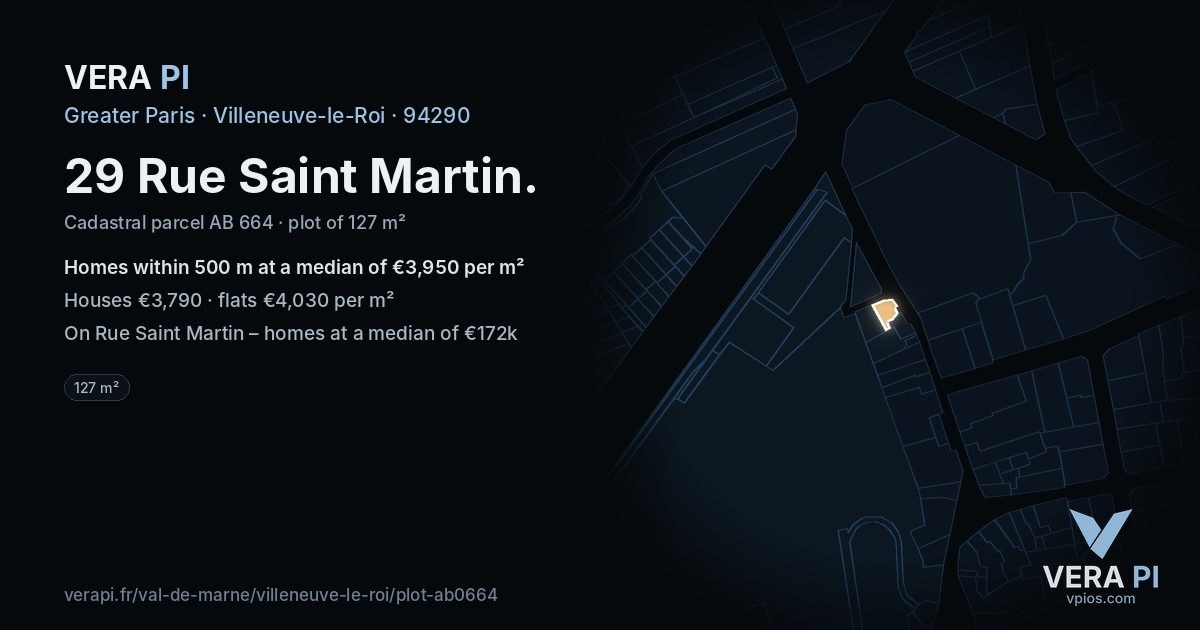 29 Rue Saint Martin, Villeneuve-le-Roi at night – the plot lit, the parcels around coloured by the prices near them