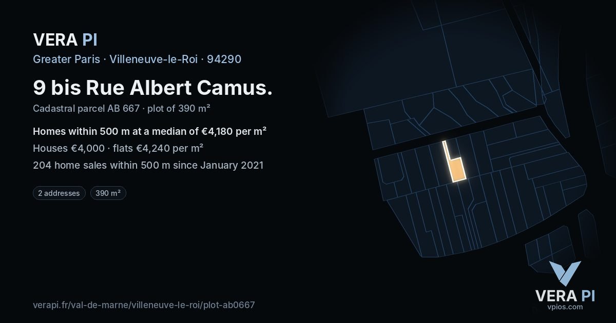 9 bis Rue Albert Camus, Villeneuve-le-Roi at night – the plot lit, the parcels around coloured by the prices near them