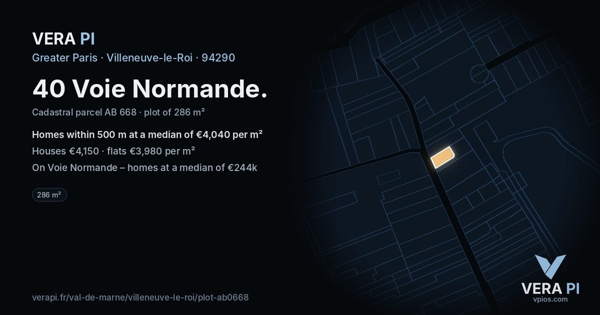 40 Voie Normande, Villeneuve-le-Roi at night – the plot lit, the parcels around coloured by the prices near them