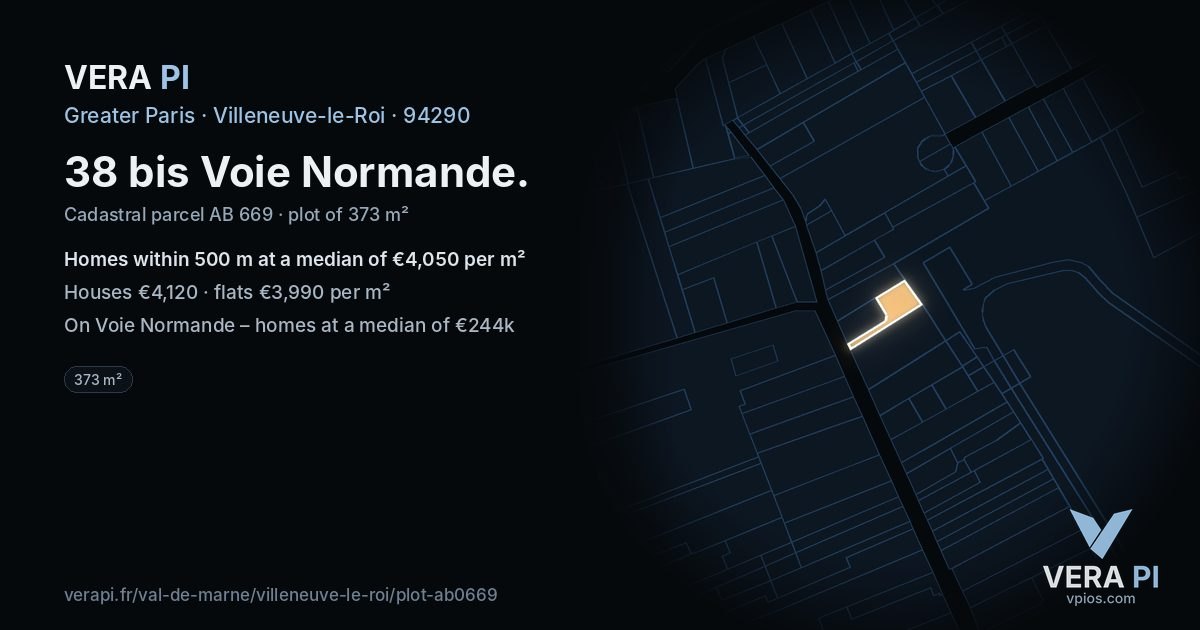 38 bis Voie Normande, Villeneuve-le-Roi at night – the plot lit, the parcels around coloured by the prices near them