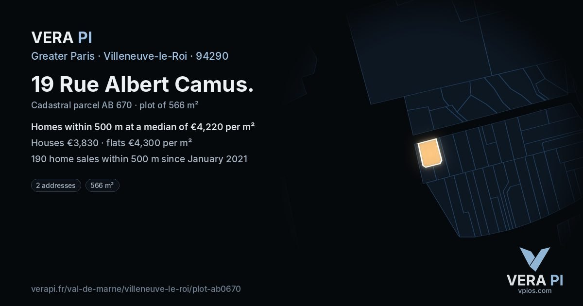 19 Rue Albert Camus, Villeneuve-le-Roi at night – the plot lit, the parcels around coloured by the prices near them
