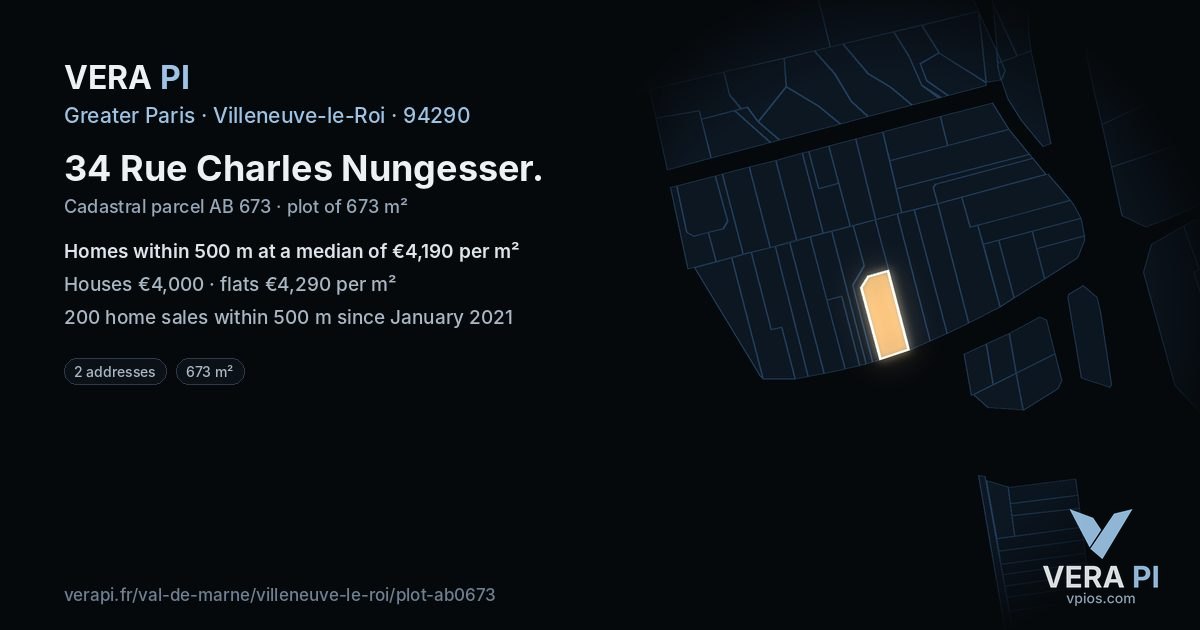 34 Rue Charles Nungesser, Villeneuve-le-Roi at night – the plot lit, the parcels around coloured by the prices near them