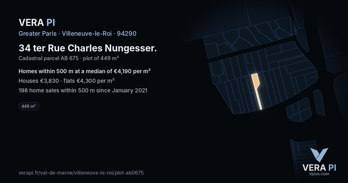 34 ter Rue Charles Nungesser, Villeneuve-le-Roi at night – the plot lit, the parcels around coloured by the prices near them