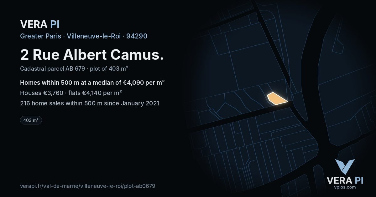 2 Rue Albert Camus, Villeneuve-le-Roi at night – the plot lit, the parcels around coloured by the prices near them