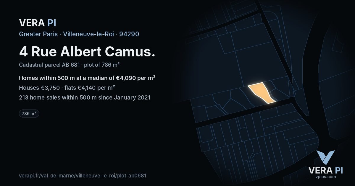 4 Rue Albert Camus, Villeneuve-le-Roi at night – the plot lit, the parcels around coloured by the prices near them
