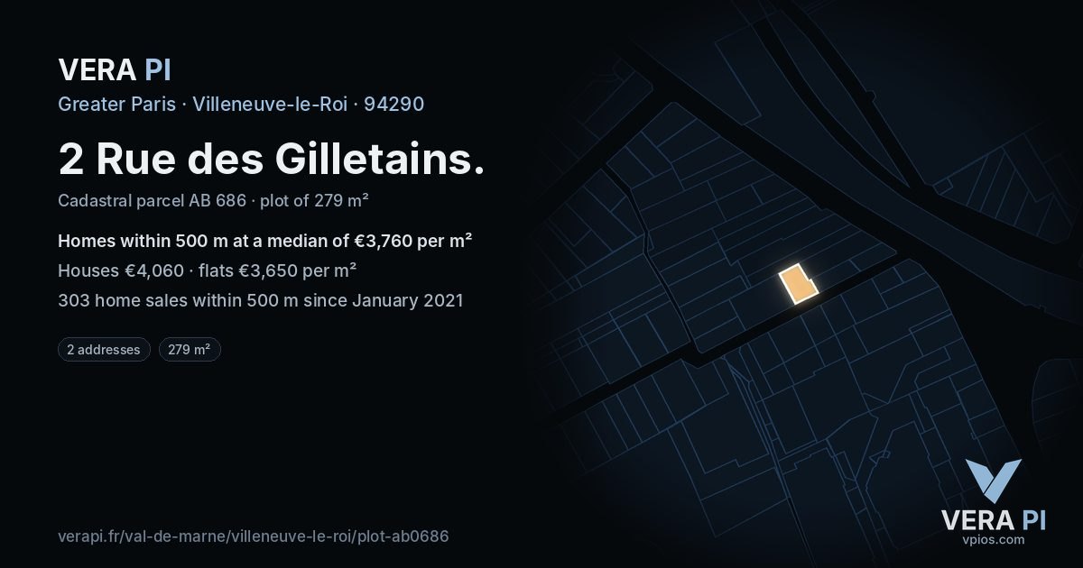 2 Rue des Gilletains, Villeneuve-le-Roi at night – the plot lit, the parcels around coloured by the prices near them